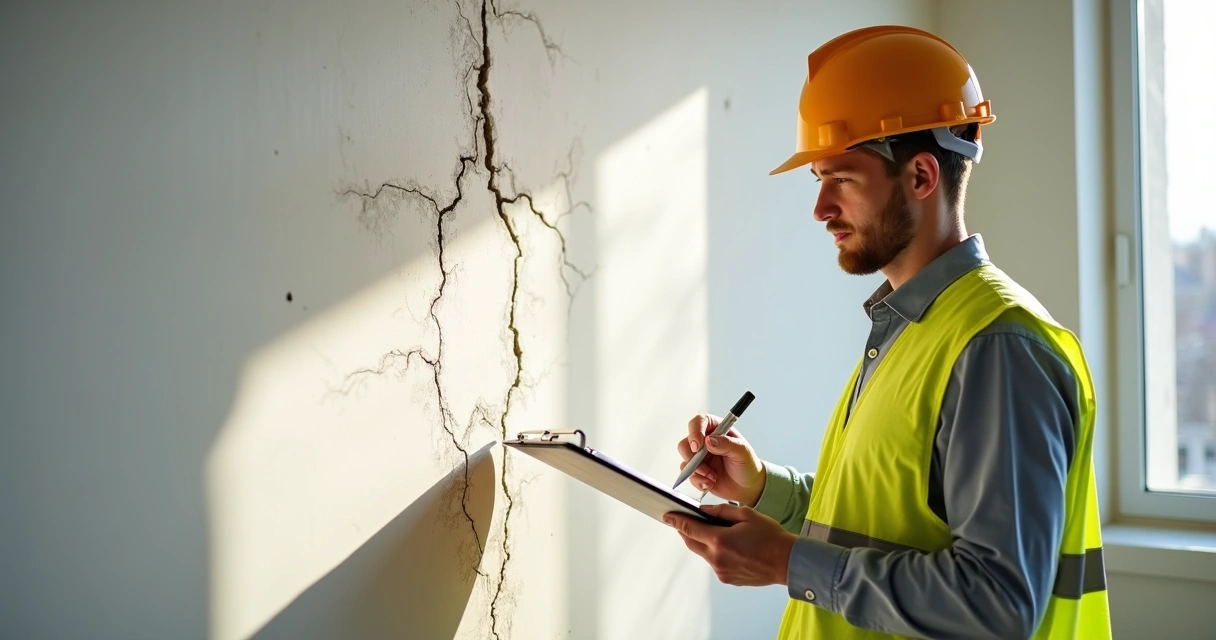 Engenheiro com prancheta vistoriando rachaduras em parede 