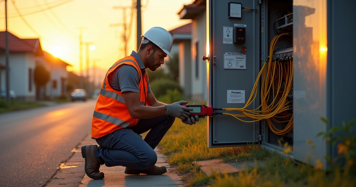 Engenheiro verificando armário de rede GPON em rua urbana brasileira 