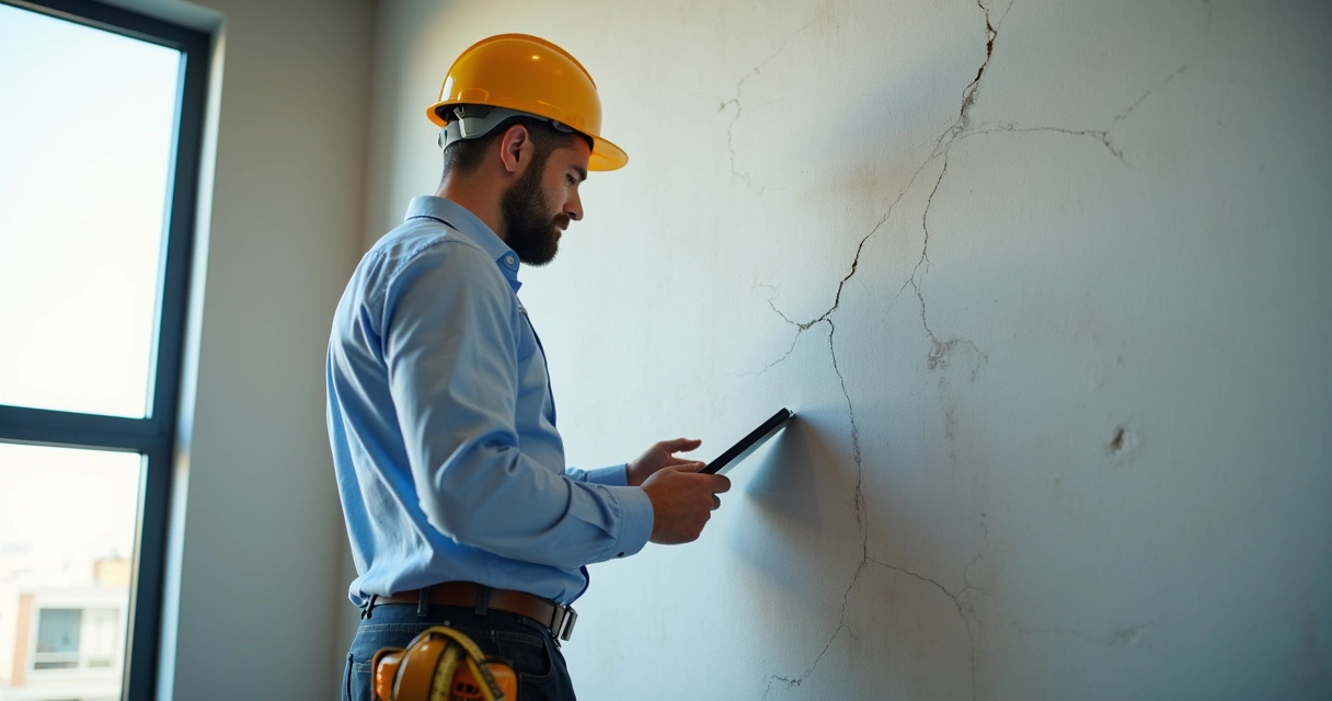 Engenheiro usando tablet para registrar estado de parede em vistoria cautelar 