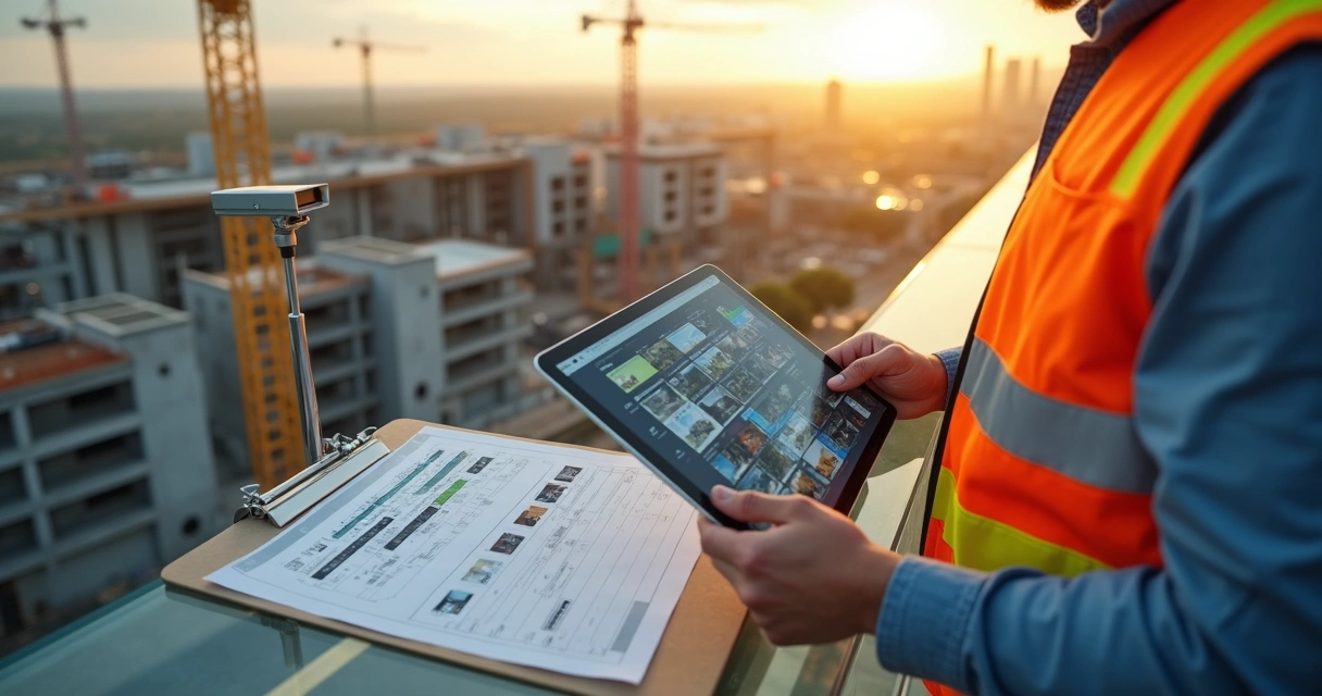 Engenheiro em passarela elevada conferindo relatório fotográfico digital sobre canteiro de obras 