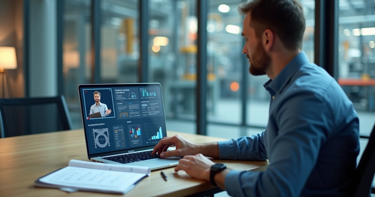 Gestor de manutenção em videoconferência vendo demonstração de software industrial 
