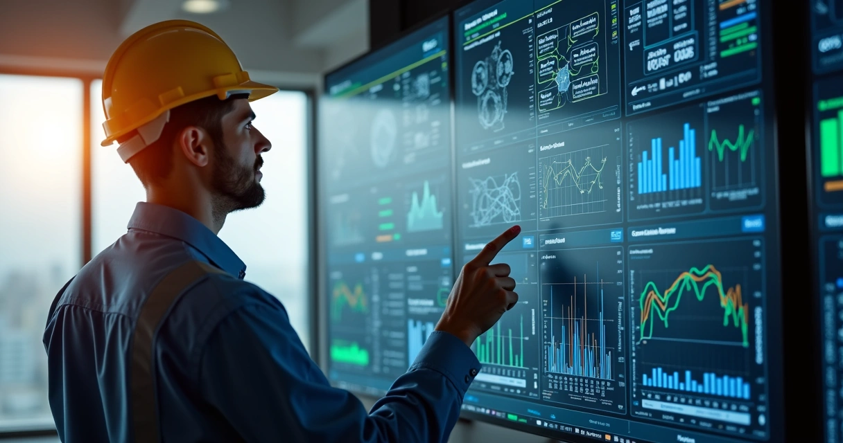 Engenheiro revisando painel digital de monitoramento de sistemas prediais 