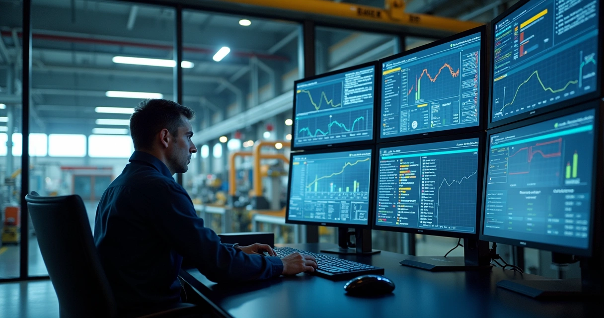 Sala de controle industrial com engenheiro acompanhando alertas e gráficos preditivos em telas 