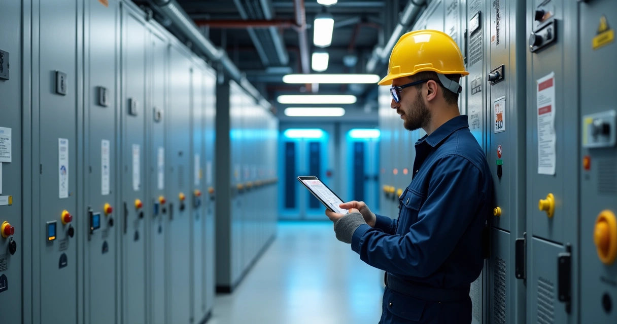 Engenheiro inspecionando painel elétrico em sala crítica de data center 