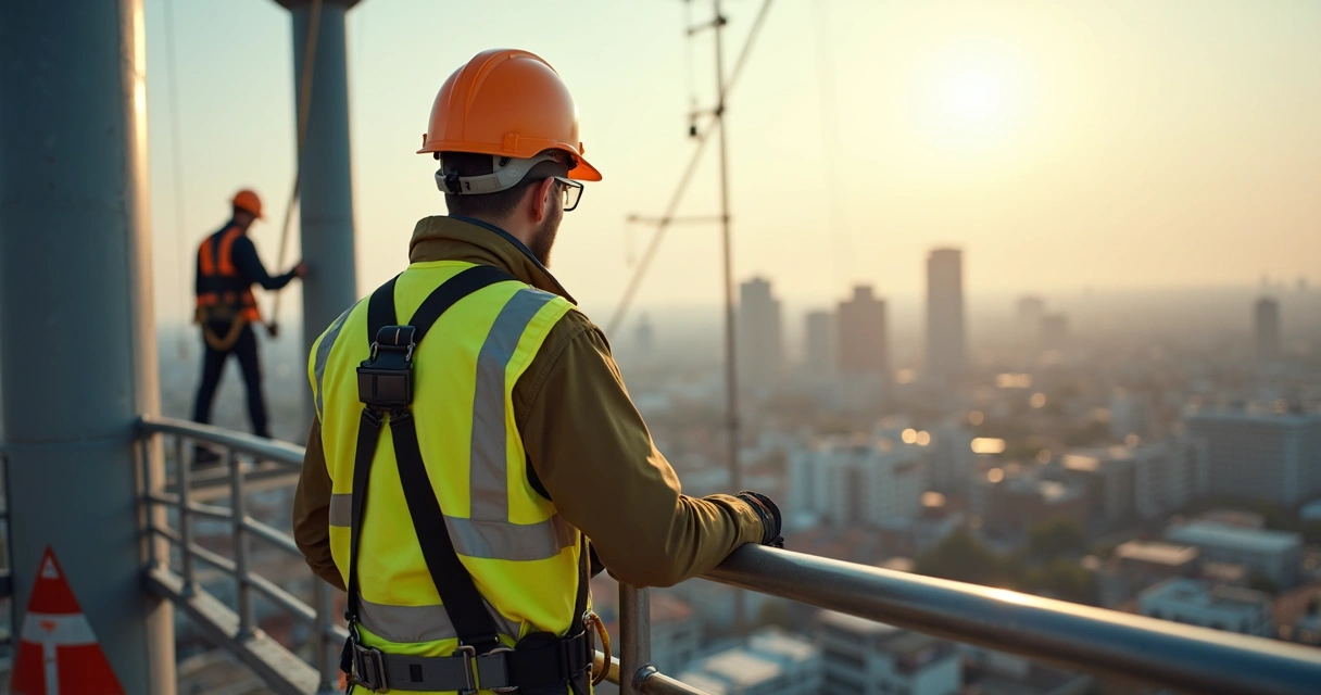 Engenheiro de segurança inspecionando trabalho em altura 