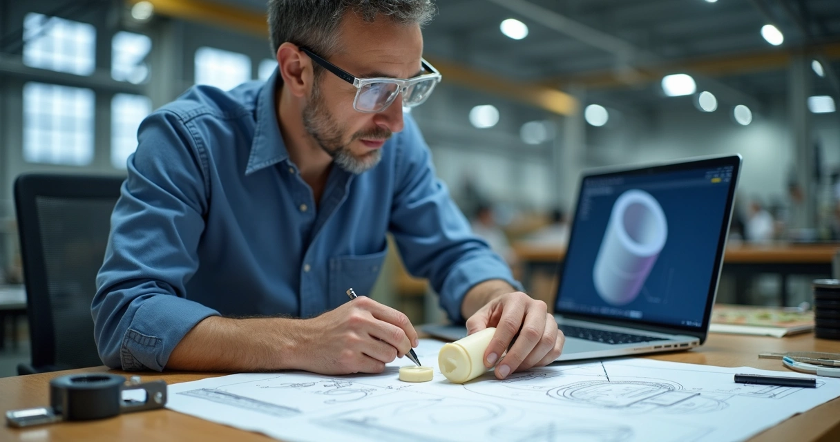 Engenheiro avaliando peças de poliamida e desenho técnico 