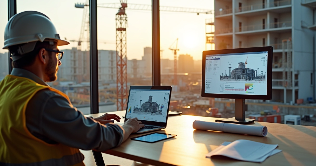 Engenheiro em mesa de obra usando software de gestão visual no notebook com maquete 3D ao lado 