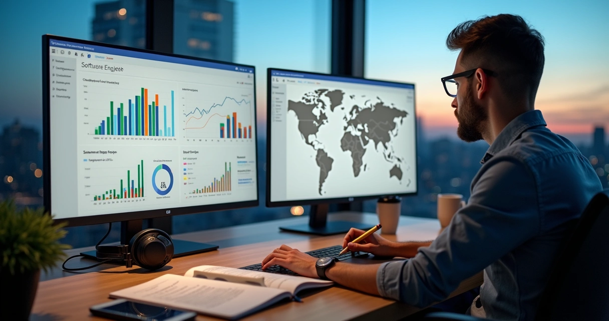 Engenheiro de software analisando gráficos salariais globais em vários monitores 