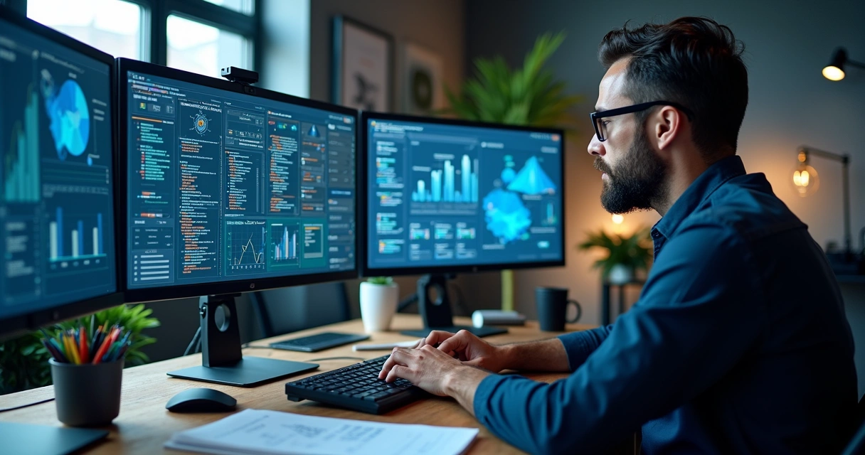 Profissional analisando fluxos de dados em grandes telas digitais