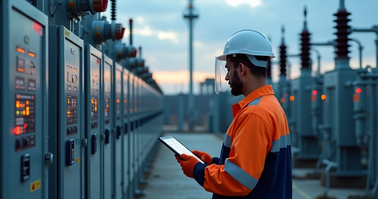 Engenheiro inspecionando painéis de proteção em subestação industrial de média tensão 