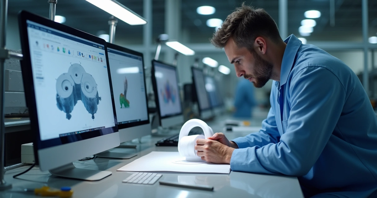 Engenheiro analisando peça de teflon branca ao lado de computador em bancada industrial 