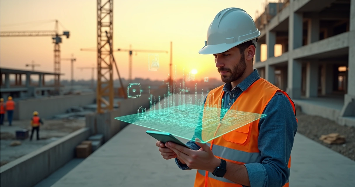 Engenheiro em obra segurando tablet com projeção holográfica de visão computacional sobre a estrutura 