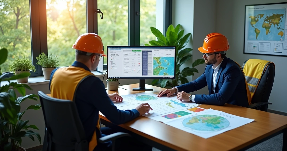 Engenheiro e técnico de segurança do trabalho analisando projetos e mapas ambientais em escritório com plantas e computadores 