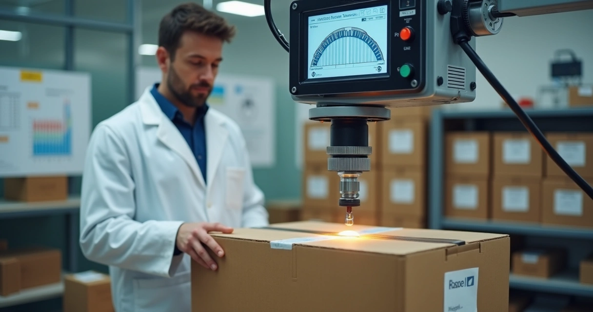 Engenheiro testando resistência de caixa de papelão industrial