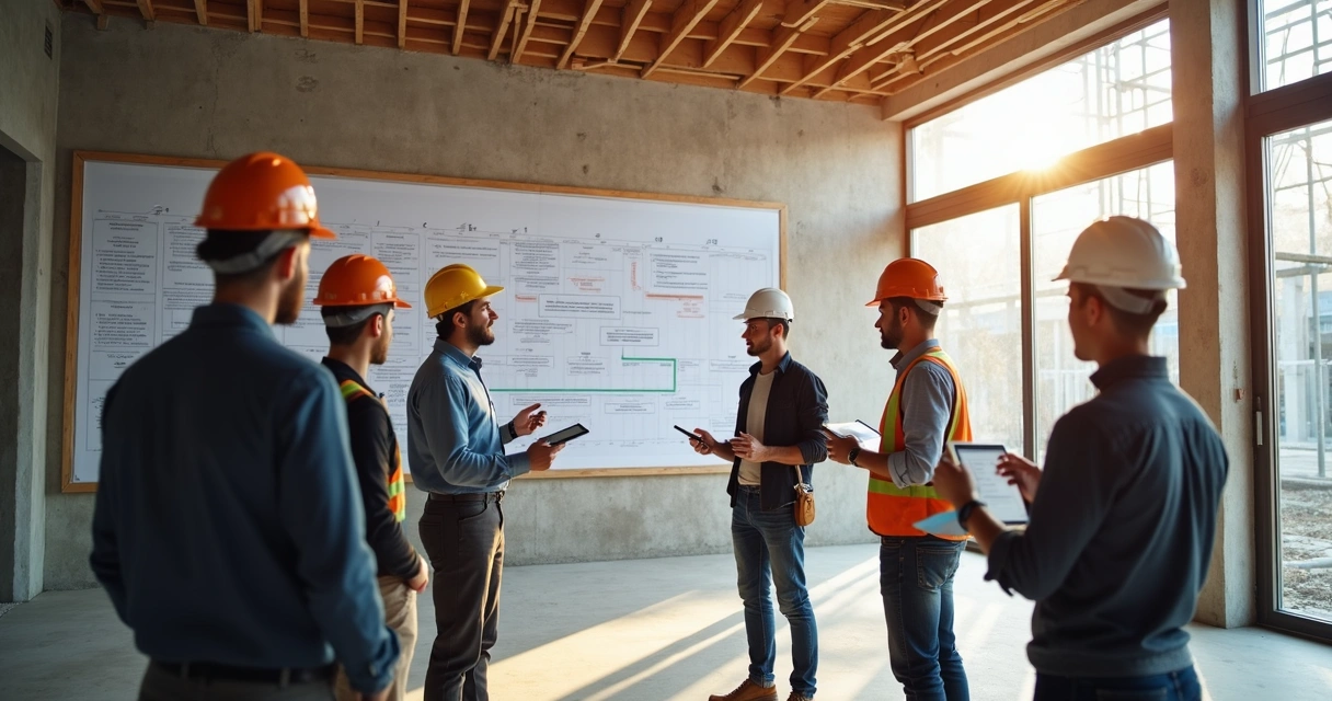 Engenheiro e equipe discutindo cronograma de obra
