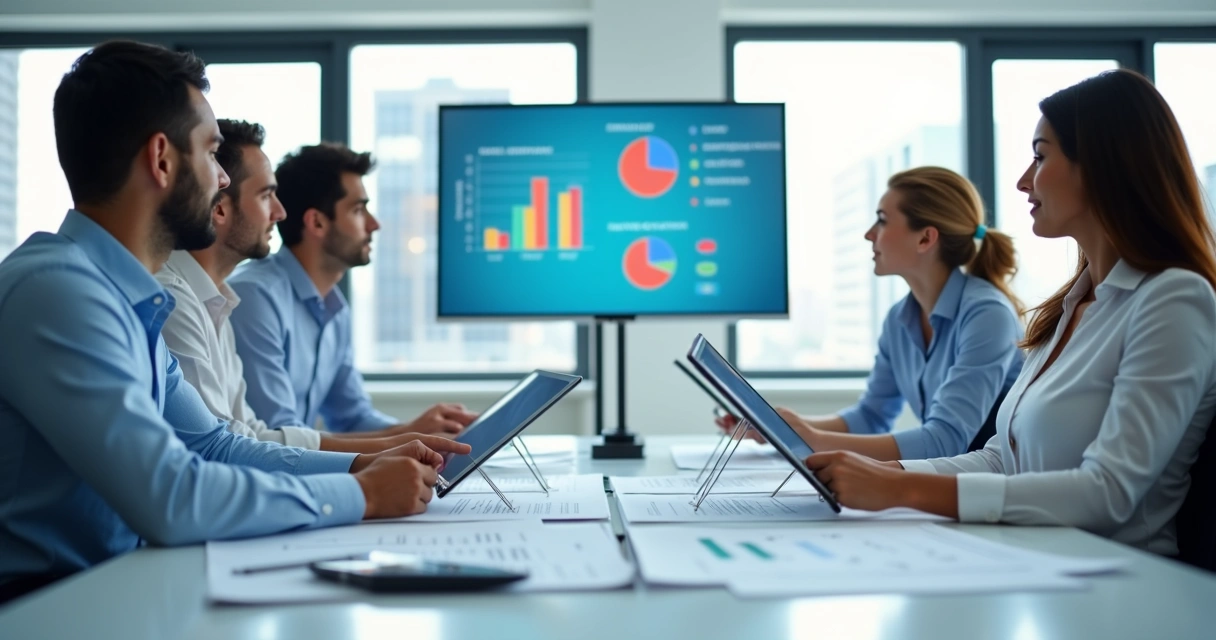 Time de engenheiros em sala de reunião analisando lista de empresas 