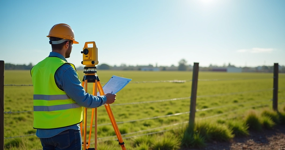 Engenheiro realizando medição topográfica em terreno rural 