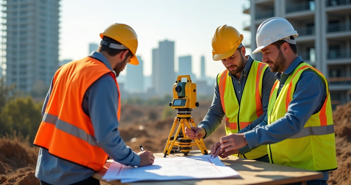 Equipe de engenheiros avaliando terreno com equipamento de topografia 