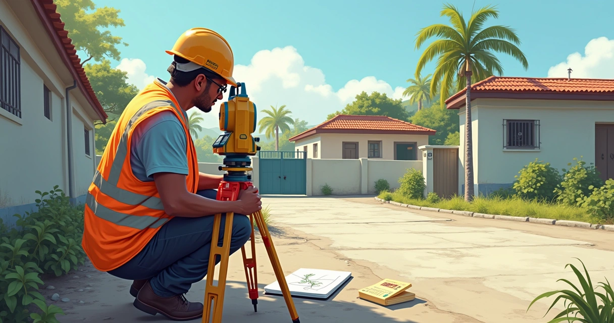 Engenheiro realizando levantamento topográfico com equipamento em terreno urbano 