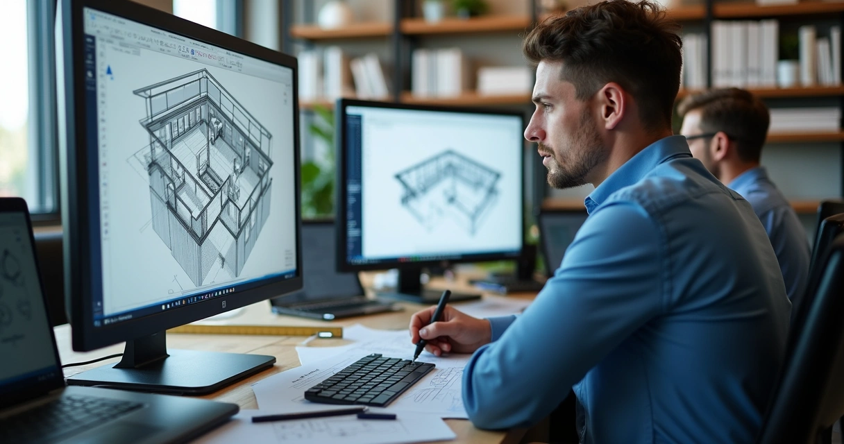Engenheiro técnico trabalhando em computador com software AutoCAD aberto mostrando planta baixa detalhada 