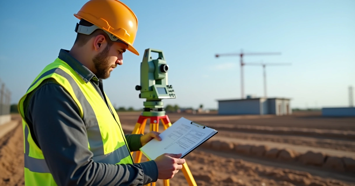 Engenheiro realizando inspeção de campo com equipamentos topográficos 
