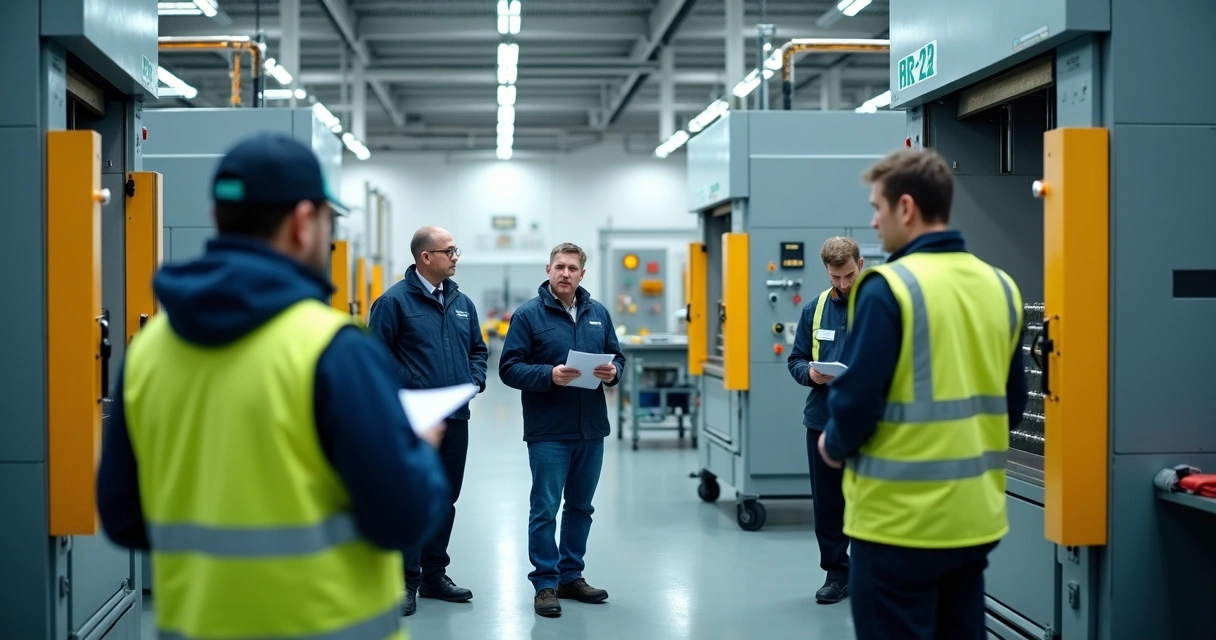 Instrutor treinando operadores de máquina em fábrica equipada com barreiras de segurança 