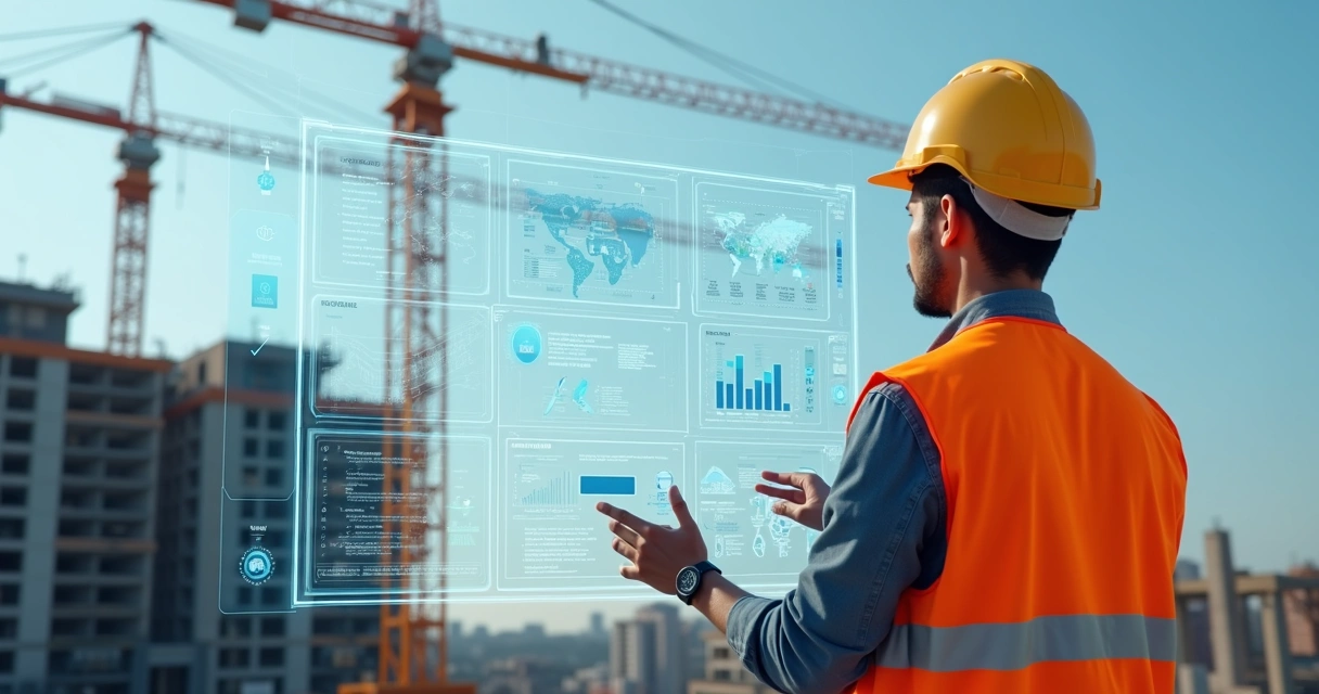 Engenheiro revisando relatório de IA em obra complexa com tela digital mostrando dados técnicos e estruturas de construção ao fundo 