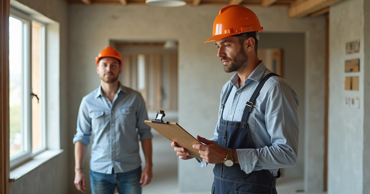 Engenheiro verifica materiais de construção em apartamento em obra. 