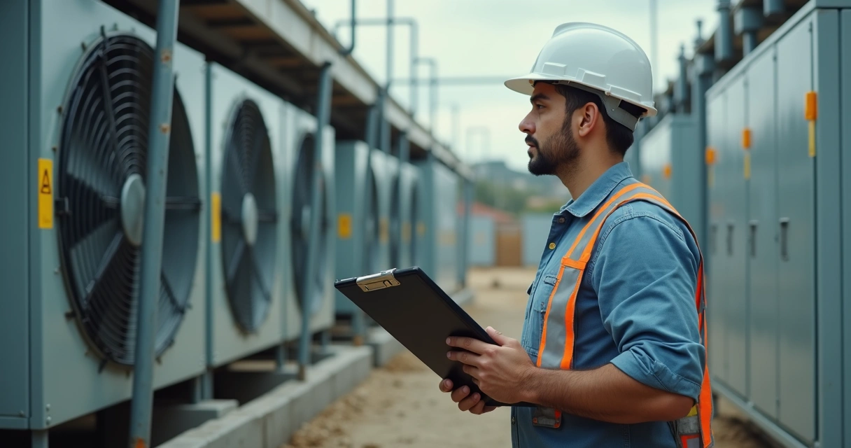 Engenheiro com prancheta verificando máquina em canteiro de obras 