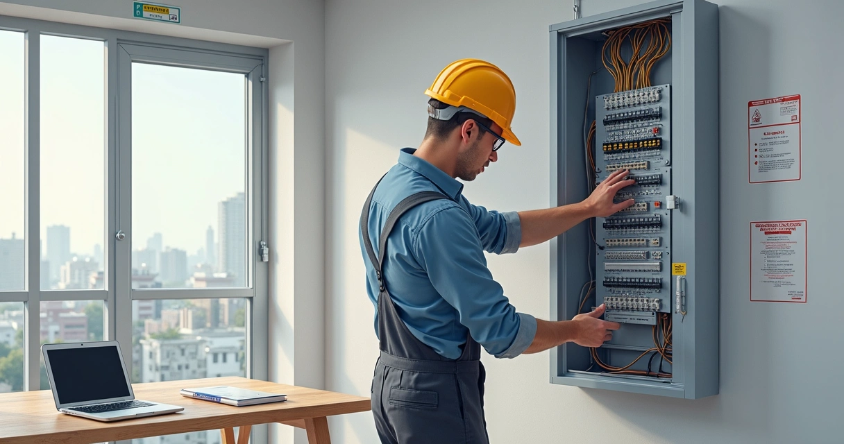 Engenheiro inspecionando quadro de energia 