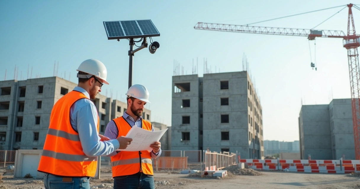 Engenheiro e técnico avaliando instalação de câmeras em obra 