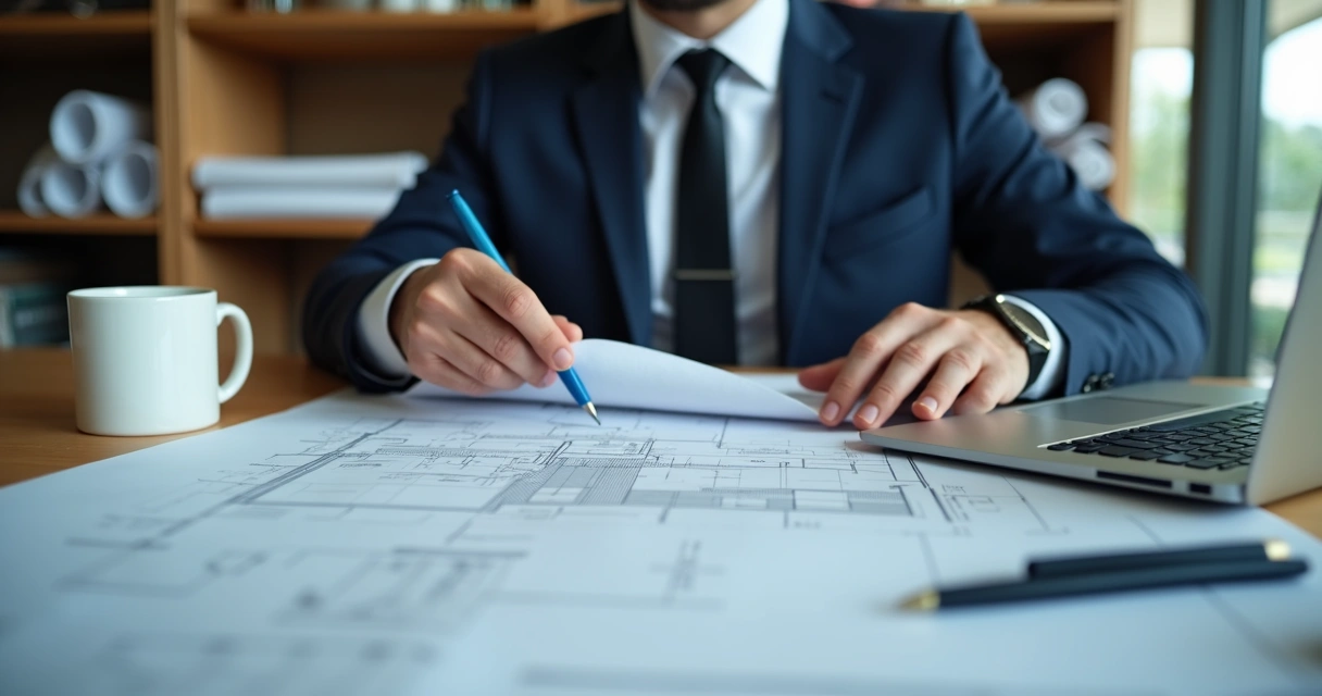 Engenheiro analisando plantas de obras e documentos 