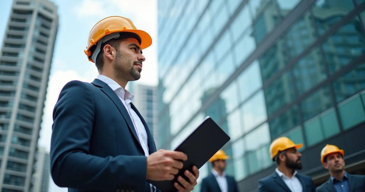 Engenheiro vistoriando fachada do edifício com prancheta 