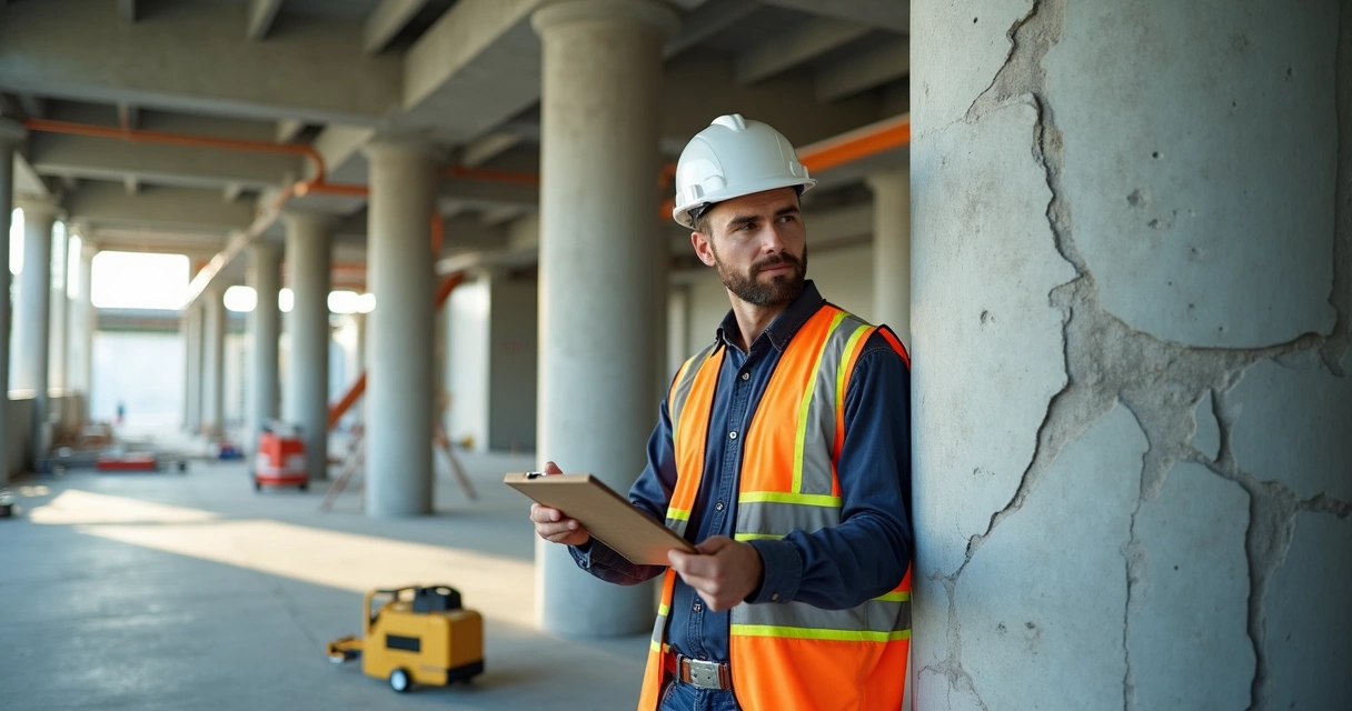 Engenheiro inspecionando estrutura de concreto 