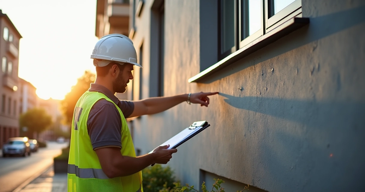 Engenheiro examinando fachada de prédio 