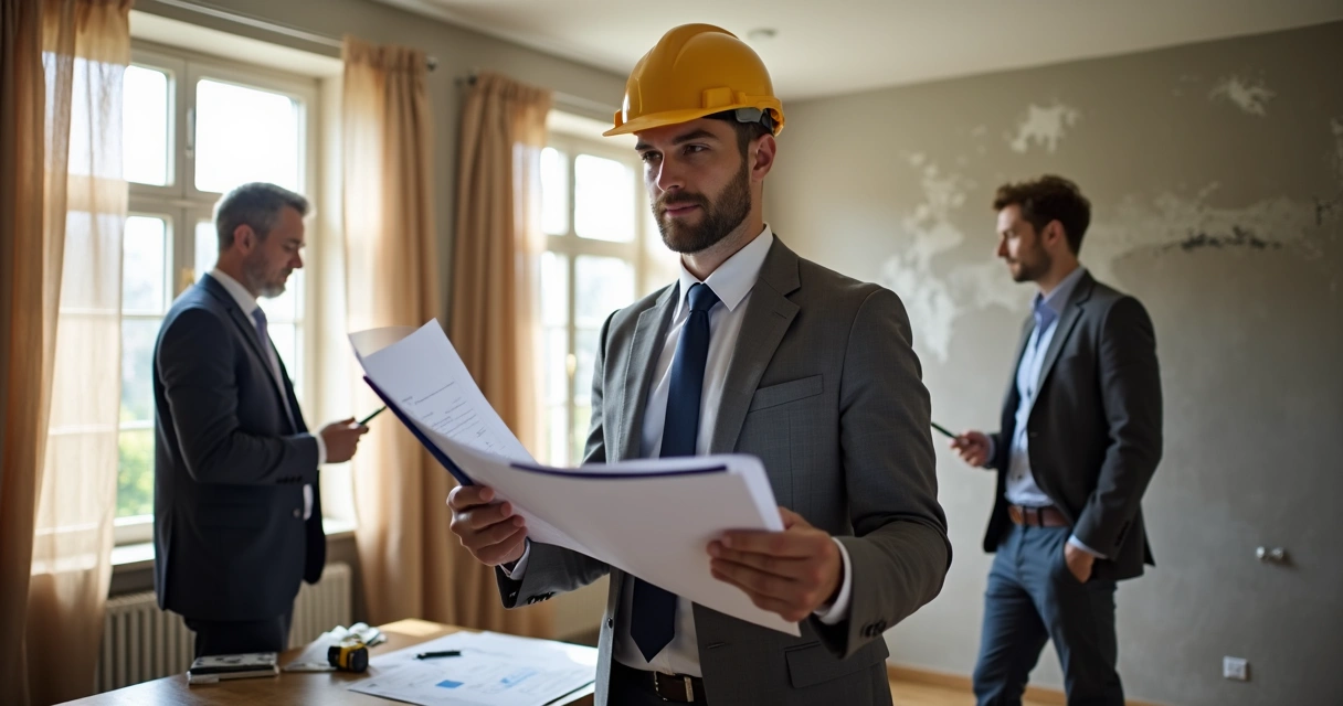 Engenheiro vistoriando imóvel com planta e prancheta 