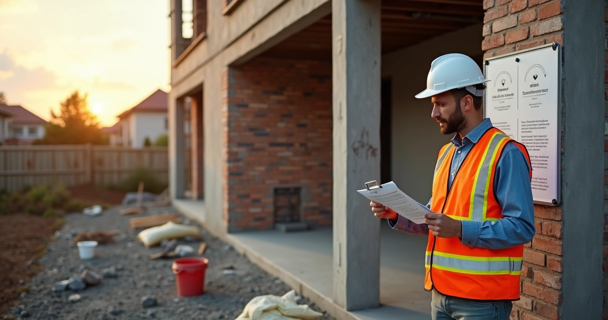 Engenheiro vistoria estrutura de casa em construção com prancheta e capacete de segurança 