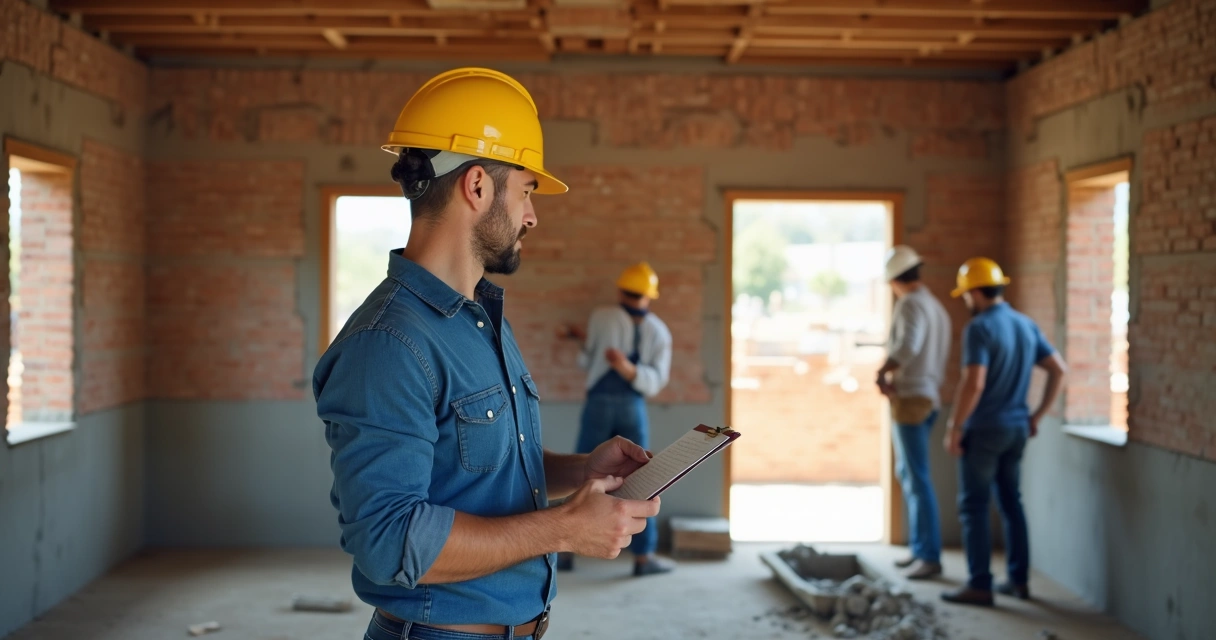 Engenheiro civil vistoriando obra de construção de casa popular 