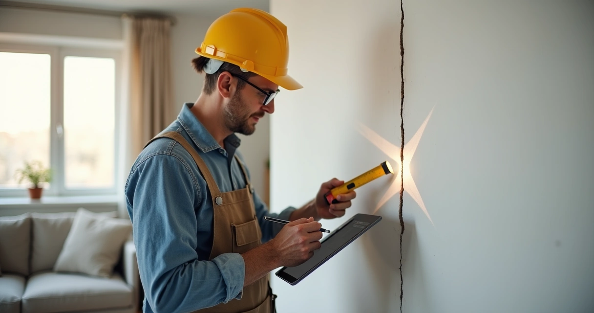Engenheiro analisando fissura na parede de sala de imóvel durante vistoria 