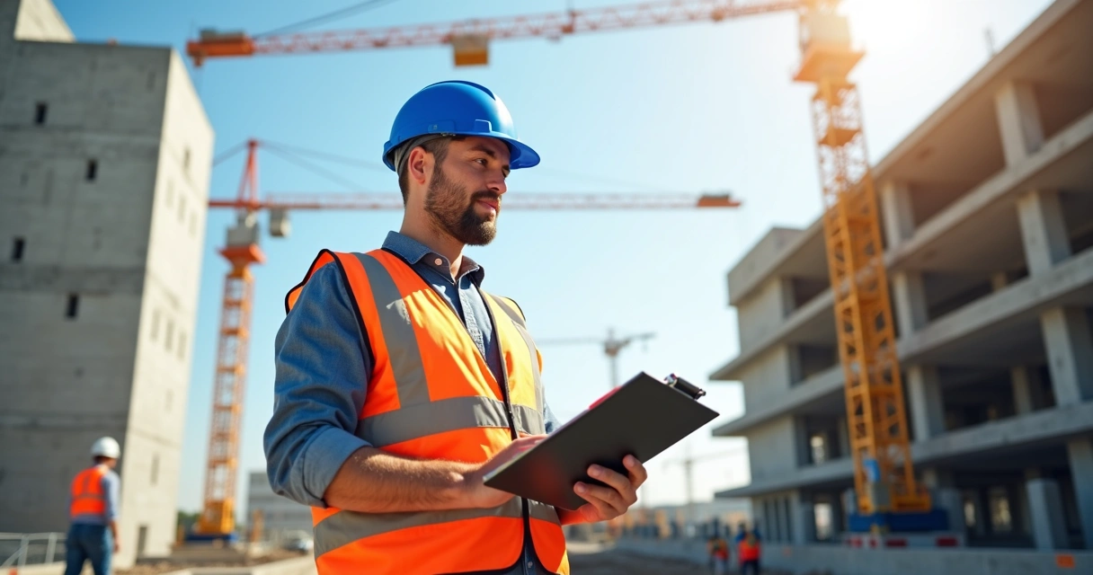Engenheiro vistoriando construção civil 