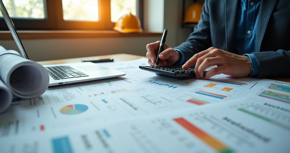Engenheiro analisando planilhas financeiras e calculadora sobre mesa de trabalho 