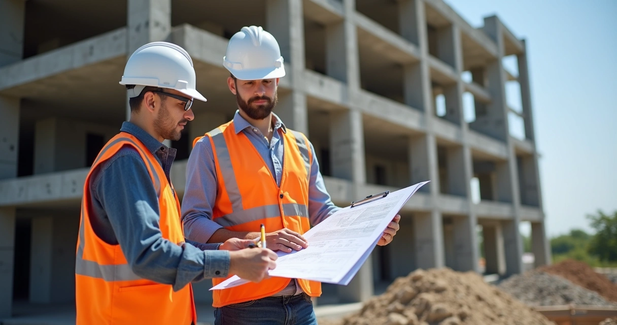 Engenheiros analisando construção civil com plantas na mão 