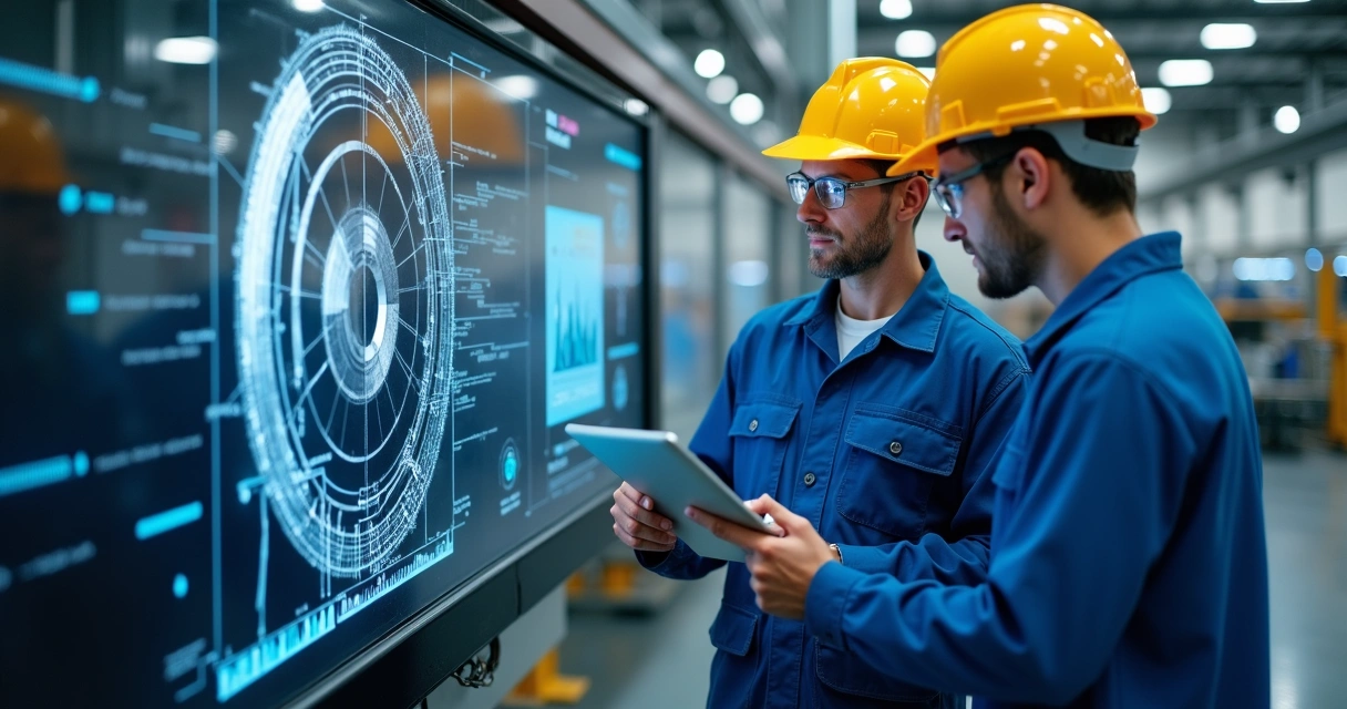 Engenheiros avaliando equipamento industrial com tablet, painel digital ao fundo mostrando análise de falhas 