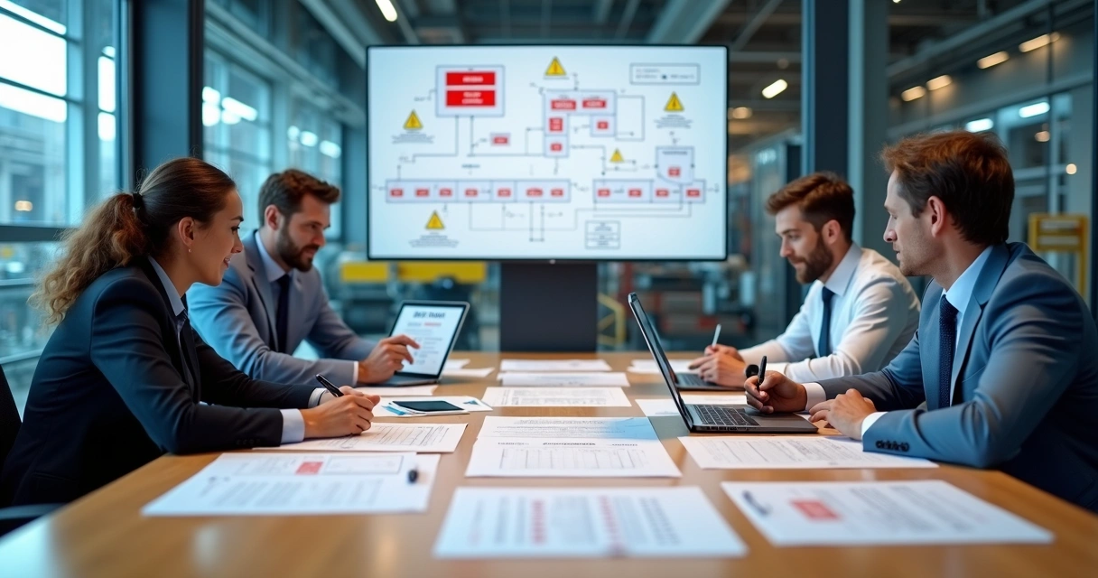 Equipe de engenheiros analisando falhas em linha de produção industrial 