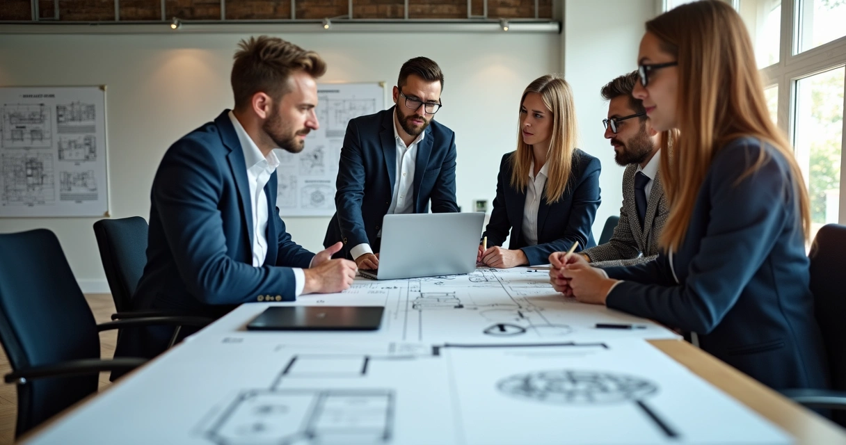 Equipe de engenheiros avaliando um laudo pericial em reunião 