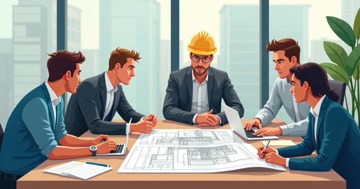 Equipe de engenheiros e arquitetos orientando proprietário com documentos 