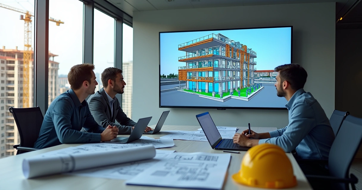 Engenheiros analisando modelo BIM 3D de construção civil em tela grande 