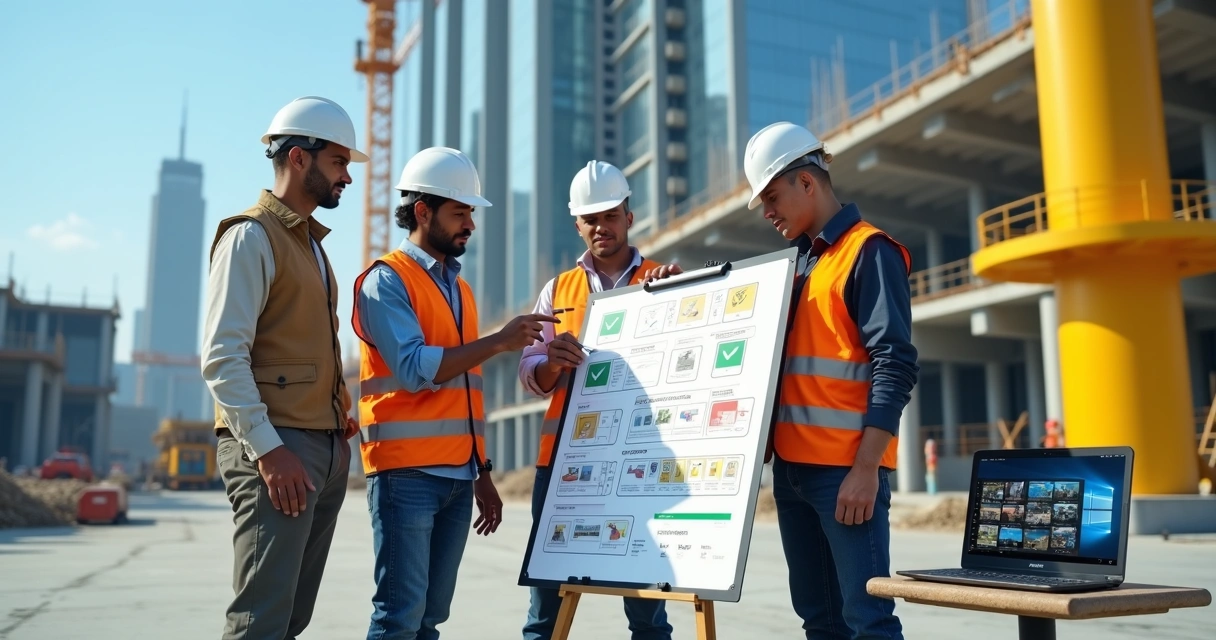 Engenheiros conferem checklist visual perto de guindaste em grande obra 