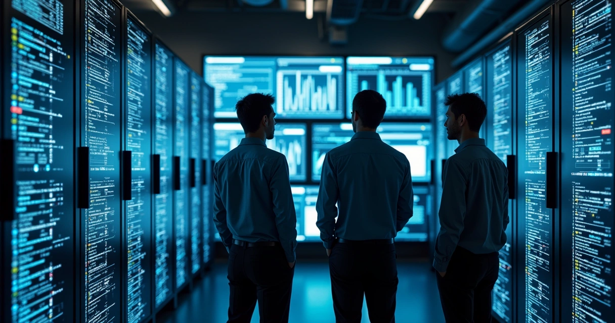 Engenheiros analisando dados em bancada de servidores 