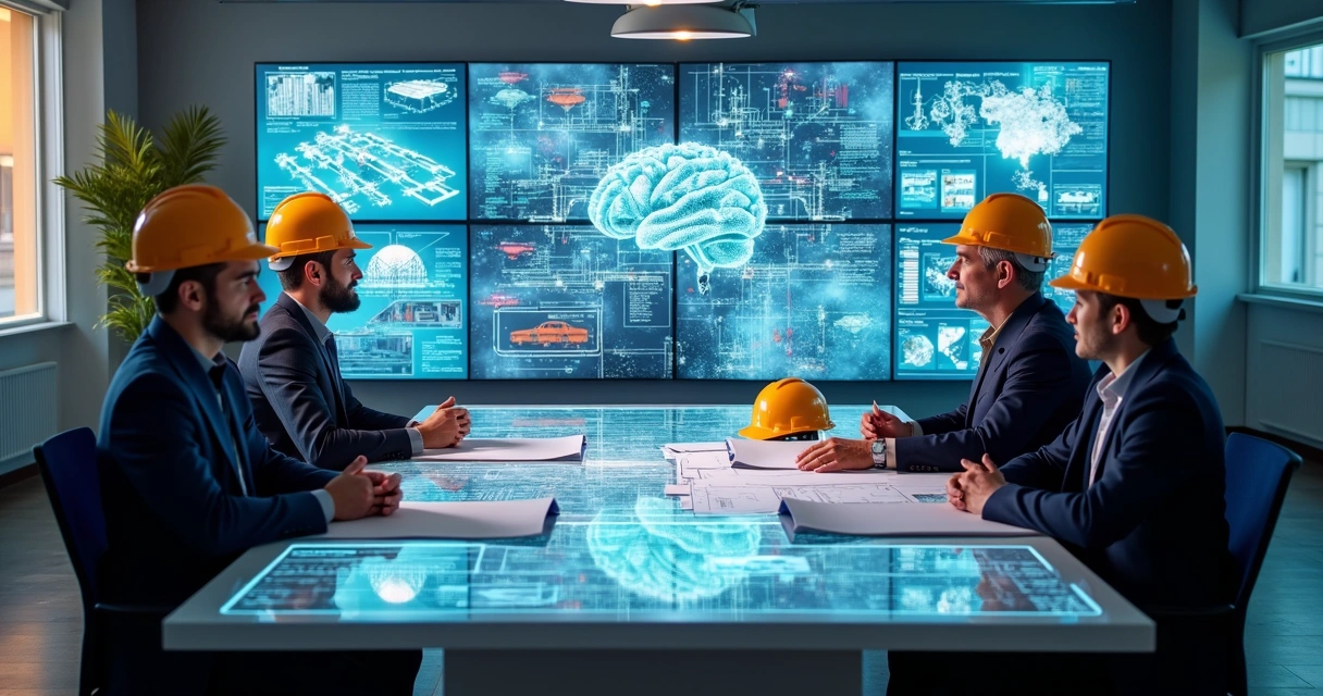 Engenheiros reunidos discutindo dados em tela com IA destacada 